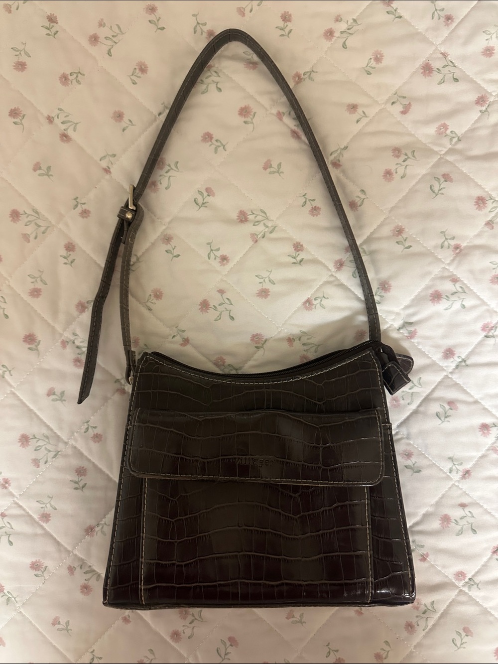 villager Dark Brown Croc-Embossed Shoulder Bag